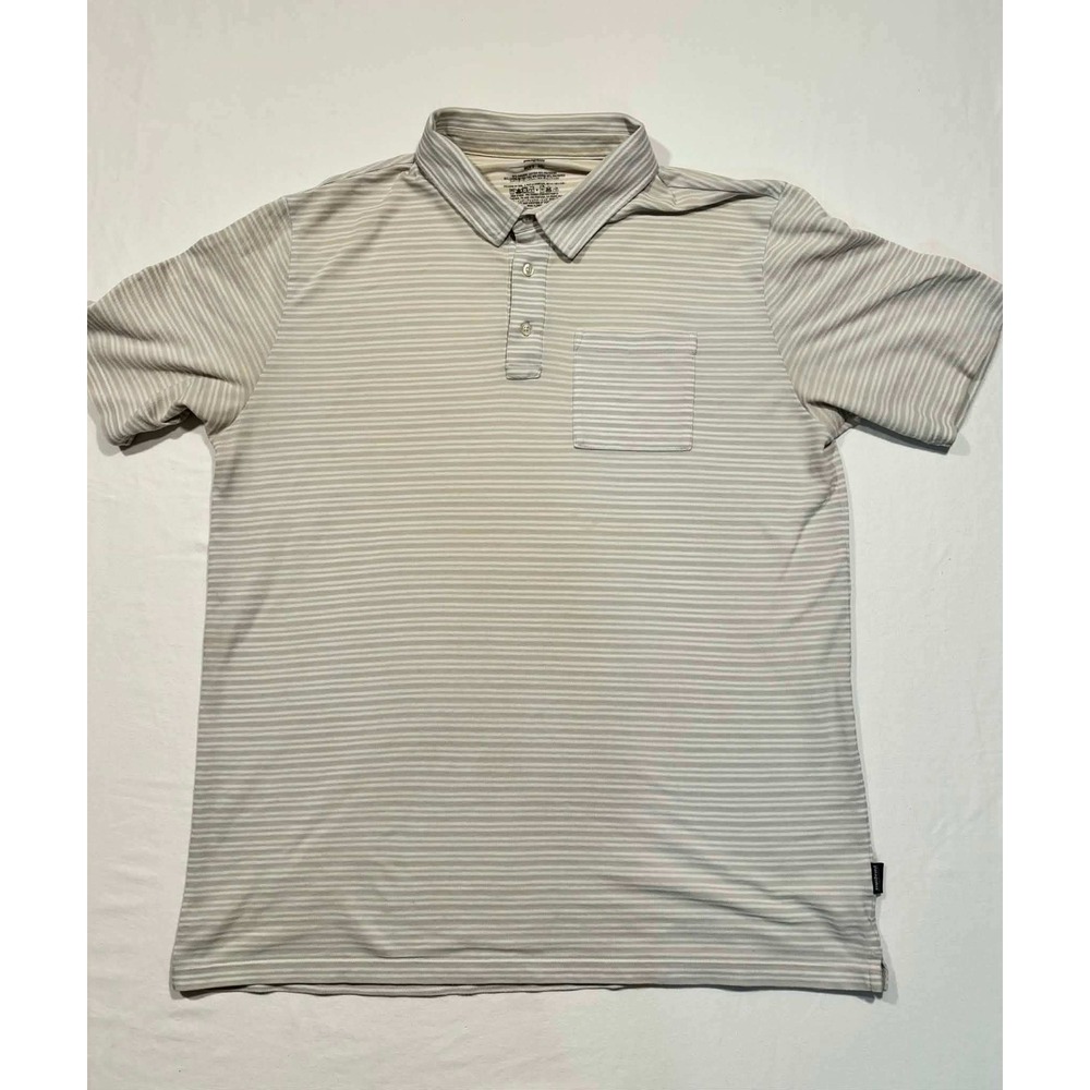 Patagonia Men XXL Striped Polo Shirt Short Sleeve Tan White Organic Cotton Blend